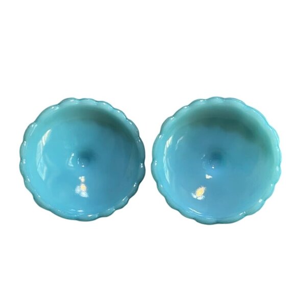 2 Vintage Fenton blue satin glass candleholders with lily of the valley pattern - Picture 2 of 6